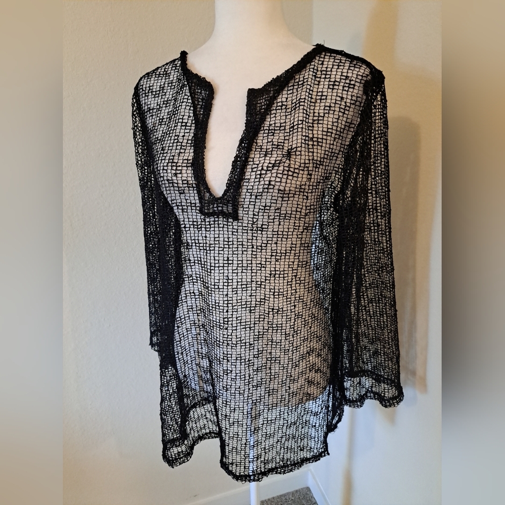 LA BLANCA BY ROD BEATTIE BLACK OPEN WEAVE SWIM COVERUP Sz L